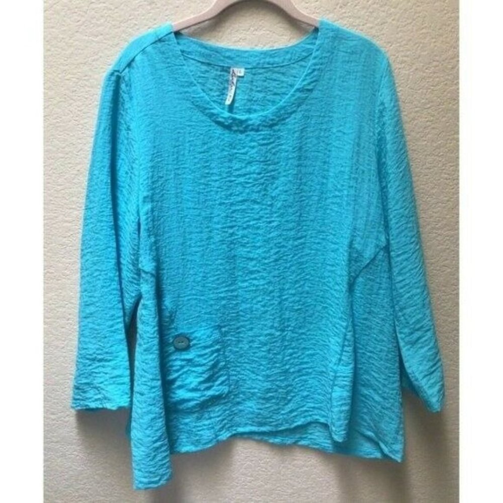 Lulu-B Turquoise Lagenlook Blouse Shirt Crinkle Gauze Women’s Size Large